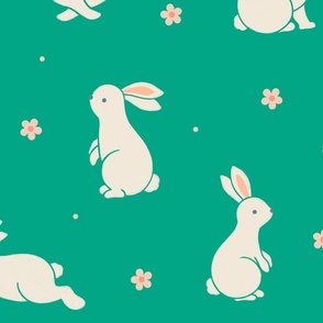 Large scale / Bunnies and blooms beige on bright green / Cute spring bunny rabbits peach pink daisy flowers in light cream ivory on warm rich jewel emerald / Playful woodland forest baby animals