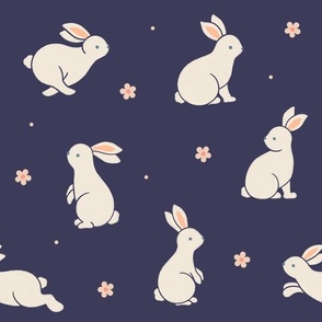 Medium scale / Bunnies and blooms beige on deep navy blue / Cute spring bunny rabbits peach pink daisy flowers in light cream ivory on cool dark neutral background / Playful woodland forest baby animals