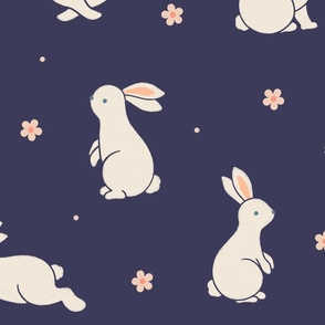 Large scale / Bunnies and blooms beige on deep navy blue / Cute spring bunny rabbits peach pink daisy flowers in light cream ivory on cool dark neutral background / Playful woodland forest baby animals