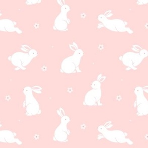 Small scale / Bunnies and blooms white on baby pink / Cute happy spring bunny rabbits soft pale light rose daisy flowers in cool pastels powder blush / Playful woodland forest baby animals