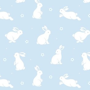 Small scale / Bunnies and blooms white on baby blue / Cute happy spring bunny rabbits soft pale light icy daisy flowers in cool pastels powder sky blue / Playful woodland forest baby animals