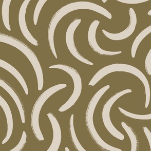 Abstract Brushstrokes: Textured Cream Paint Swirls on Olive Green Background BIG SCALE