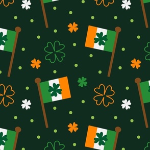 St. Patrick's Day Irish Flags and Clovers on Dark Emerald
