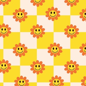 Orange Smiling Flowers on White and Yellow Checkerboards 