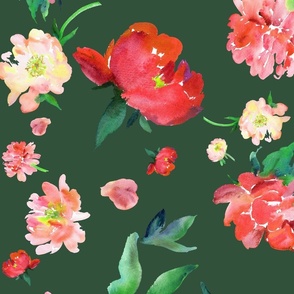 Peach peonies (forest green)