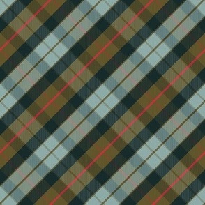 Traditional tartan plaid in green, navy blue, light blue, with red accent