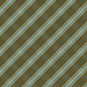 Olive green and light blue tartan plaid with cream white and dark brown accents