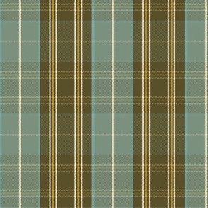 Olive green and light blue tartan plaid with cream white and mustard yellow