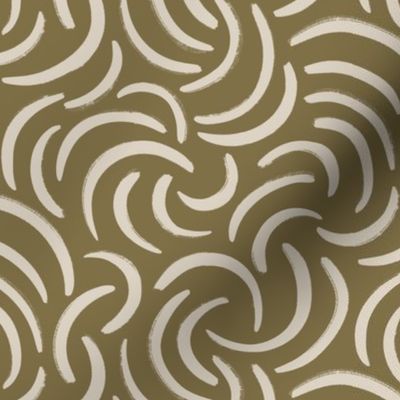 Abstract Brushstrokes: Textured Cream Paint Swirls on Olive Green Background SMALL SCALE