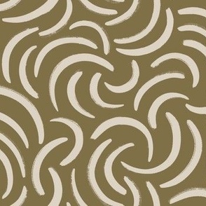 Abstract Brushstrokes: Textured Cream Paint Swirls on Olive Green Background SMALL SCALE