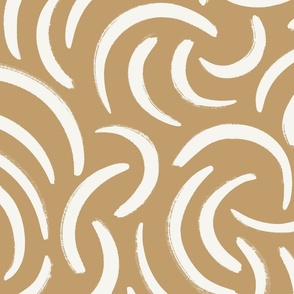 Abstract Brushstrokes: Textured Cream Paint Swirls on Ochre Brown Background BIG SCALE