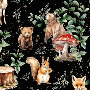 Woodland cute adventure 2 on black leaves, gold glitter, mushrooms bear fox deer squirel