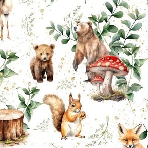 Woodland cute adventure 2 on white gold glitter sparkles and splashes red mushrooms, squirel fox bear baby green leaves