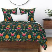 Maximalist Tropical Jungle Flower Pineapple Pattern With Dark Navy Blue Background