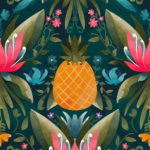 Maximalist Tropical Jungle Flower Pineapple Pattern With Dark Navy Blue Background
