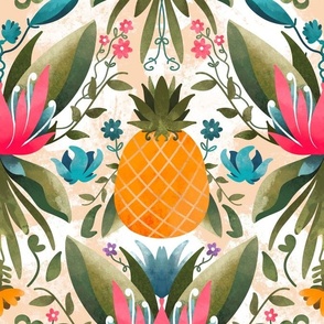 Maximalist Tropical Jungle Flower Pineapple Pattern With Light Beige Background