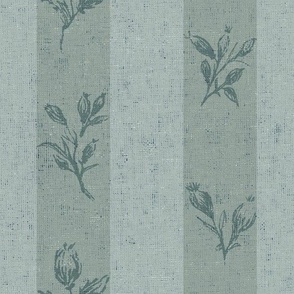 French Vintage Wildflowers on Green Textured Striped Linen