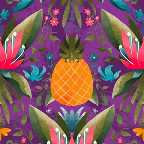 Maximalist Tropical Jungle Flower Pineapple Pattern With Purple Background
