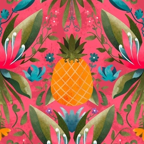 Maximalist Tropical Jungle Flower Pineapple Pattern With Pink Background