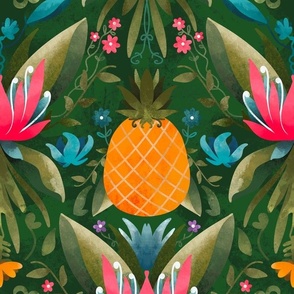 Maximalist Tropical Jungle Flower Pineapple Pattern With Dark Green Background