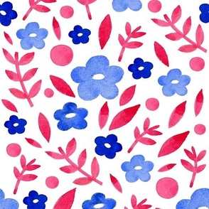 Watercolor blue daisies and red leaves in ditzy pattern