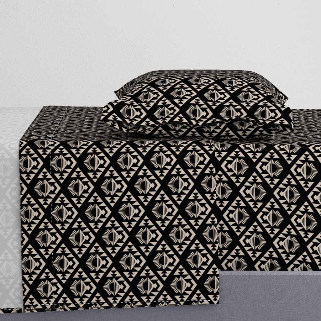 Geometric aztec sunshine - boho design plaid black on sand 