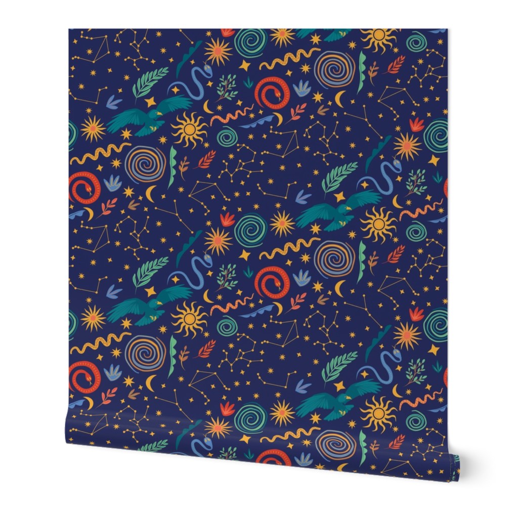 Celestial nights Greek antique inspired diagonal pattern in blue, green and yellow
