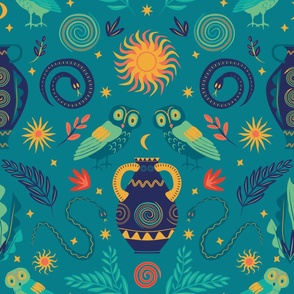 Celestial ancient Greek inspired symmetric pattern with owls, vases and snakes on teal