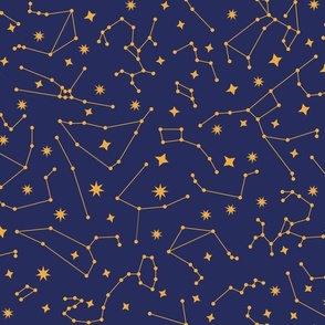 Celestial starry nights pattern with zodiac signs and stars on blue