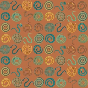 Celestial ancient Greek inspired pattern with swirls and snakes on earthy brown 
