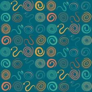 Celestial ancient Greek inspired pattern with swirls and snakes on teal 