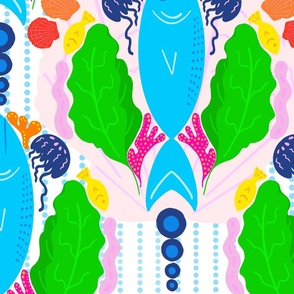 Big Fish Pink Shell And Bubbles Ocean Life Colorful Aquatic Tuna Jellyfish Seaweed Underwater Sea Creatures Illustrated Fun Seaside Pattern Design