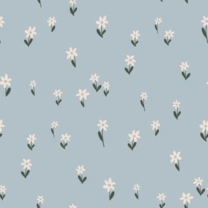 Mini Daisies, scattered flower meadow on powder blue