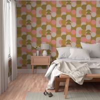 (L) Bauhaus Pier - Abstract Retro 60s 70s Geometric Circles and Squares - Pink Olive and Cream