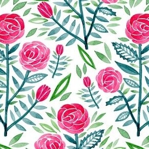English country garden pink roses on white background