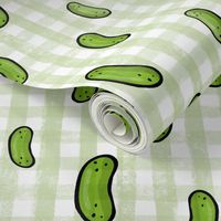 Dark cute pickles on plaid green and whit gingham