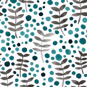 Grey ferns and dark green bubbles on off-white background