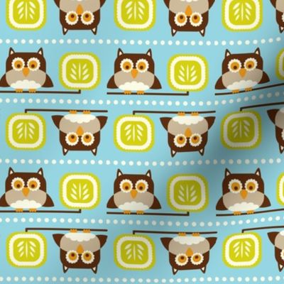 Owl Town - Whimsical Birds Aqua Blue