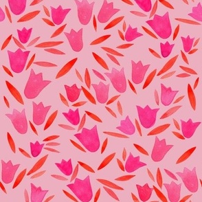 Cerise pink tulips with orange leaves on pale pink background