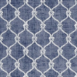 Nautical Netting on Navy Blue  Linen Textured Background, Medium Scale Design