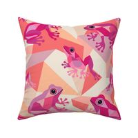 Cubist Frog Pattern - 02b- L - Peach Pink Violet - by 3H-Art Oda, funny colorful frog family spread over geometric block shaped rocks, cubism art style inspired, abstract cubist pink frogs