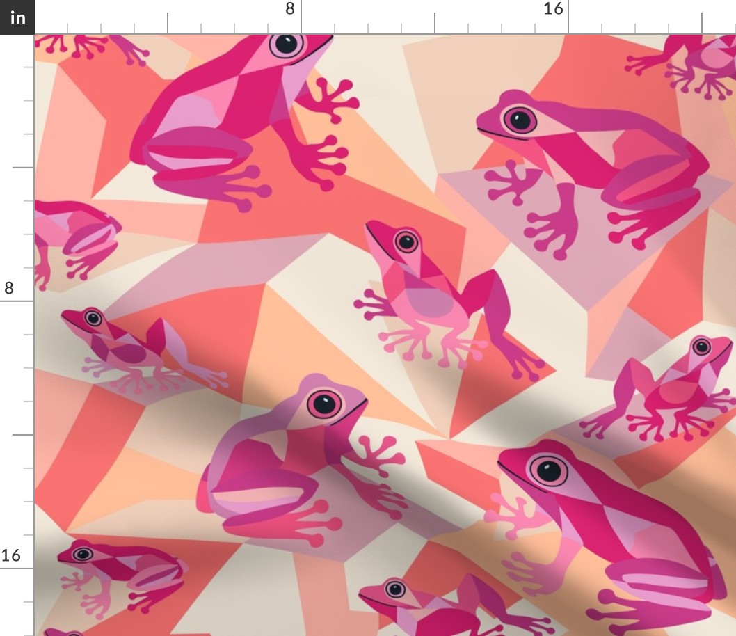 Cubist Frog Pattern - 02b- L - Peach Pink Violet - by 3H-Art Oda, funny colorful frog family spread over geometric block shaped rocks, cubism art style inspired, abstract cubist pink frogs