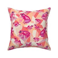 Cubist Frog Pattern - 02b- M - Peach Pink Violet - by 3H-Art Oda, funny colorful frog family spread over geometric block shaped rocks, cubism art style inspired, abstract cubist pink frogs