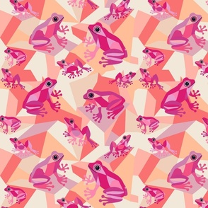 Cubist Frog Pattern - 02b- M - Peach Pink Violet - by 3H-Art Oda, funny colorful frog family spread over geometric block shaped rocks, cubism art style inspired, abstract cubist pink frogs