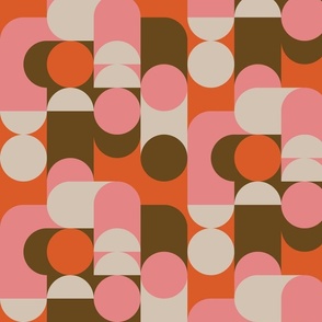 (M) Bauhaus Pier - Abstract Retro 60s 70s Geometric Circles and Squares - Pink Orange Brown and Cream