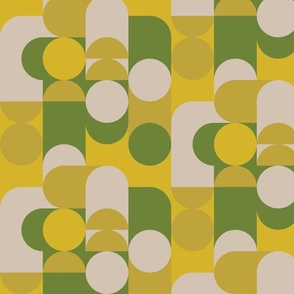 (M) Bauhaus Pier - Abstract Retro 60s 70s Geometric Circles and Squares - Green Yellow and Cream