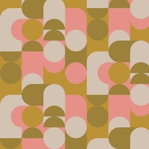 (M) Bauhaus Pier - Abstract Retro 60s 70s Geometric Circles and Squares - Pink Olive and Cream
