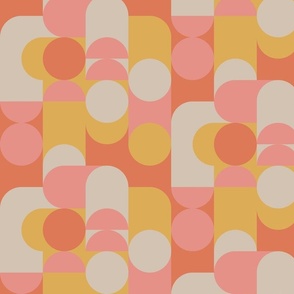 (M) Bauhaus Pier - Abstract Retro 60s 70s Geometric Circles and Squares - Pink Orange Yellow and Cream