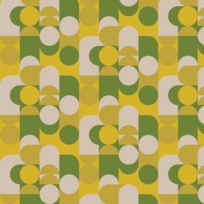 (S) Bauhaus Pier - Abstract Retro 60s 70s Geometric Circles and Squares - Green Yellow and Cream