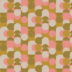 (S) Bauhaus Pier - Abstract Retro 60s 70s Geometric Circles and Squares - Pink Olive and Cream